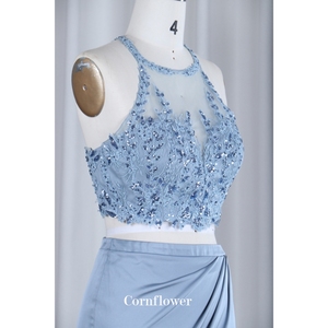 दो टुकड़े ब्राइड्समेड ड्रेस ब्लू हैल्टर साइड स्प्लिट मर्मेड शाम सटन महिलाओं के लिए कपड़े पहने - Product Image 5