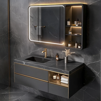Meuble-lavabo flottant de luxe gris foncé personnalisé avec plateau en marbre noir, finition dorée, miroir LED et étagères ouvertes pour hôtel et villa