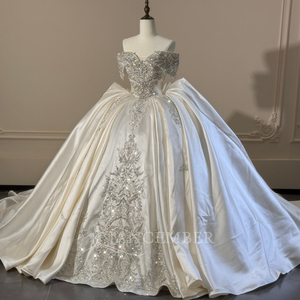 Robe de mariée moderne XS288 en satin, épaules dénudées, longue traîne, style bouffant, pour femmes - Product Image 2