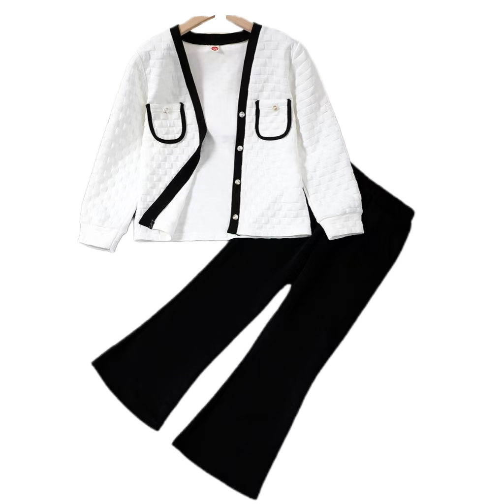 Girls' Casual Autumn Two-Piece Set Solid Black Flared Knit Pants and Cardigan Sweater with Printed Pattern