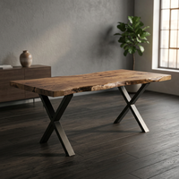 Table à manger rectangulaire en noyer avec bord naturel, pieds en métal, 4 places, mobilier moderne pour salle à manger