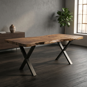 Table à manger en noyer avec bord naturel, pieds en métal, table de salle à manger en bois, meubles de cuisine modernes - Product Image 2