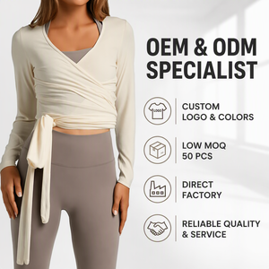 Women Premium <b>Cream</b> Long Sleeve <b>Wrap</b> Yoga Top with Adjustable Side Tie and V Neck Design for Pilates and Activewear Brands - Product Image 4