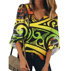 Blus Musim Panas Gaya Tribal Tradisional Polynesia Kualitas Tinggi Grosir Cetakan Kustom Leher-v Kemeja Wanita Lengan 3/4