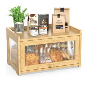 Bamboo Bread Box Rectangle Multifunctional Storage With Glass Door <b>Kitchen</b> Use - Product Image 1