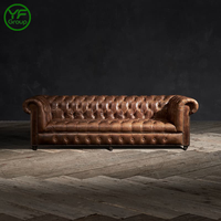 Vintage Chesterfield-Sofa aus echtem, hellfarbenem Vollnarbenleder, klassisches Retro-Sofa, 3-Sitzer-Sofa-Set