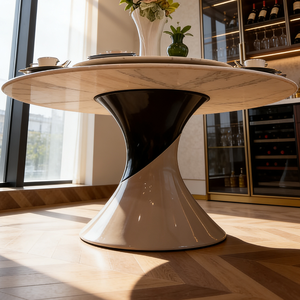 Table à manger ronde en pierre frittée de style nordique moderne, petite table pour appartement, gain de place, plateau en pierre blanche, base en métal, salle à manger, café - Product Image 5