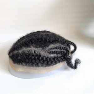 Base de encaje nudos Pop estilo Afro trenza cabello humano reemplazo tupé <span class=keywords><strong>para</strong></span> <span class=keywords><strong>hombres</strong></span> - Product Image 5