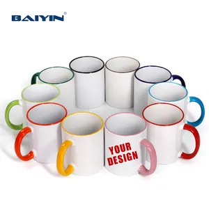 Baiyin هدية شعبية اصنعها بنفسك شعار مخصص أكواب قهوة بسيطة الحافة ملونة 11 أونصة أكواب سيراميك فارغة لطباعة التسامي