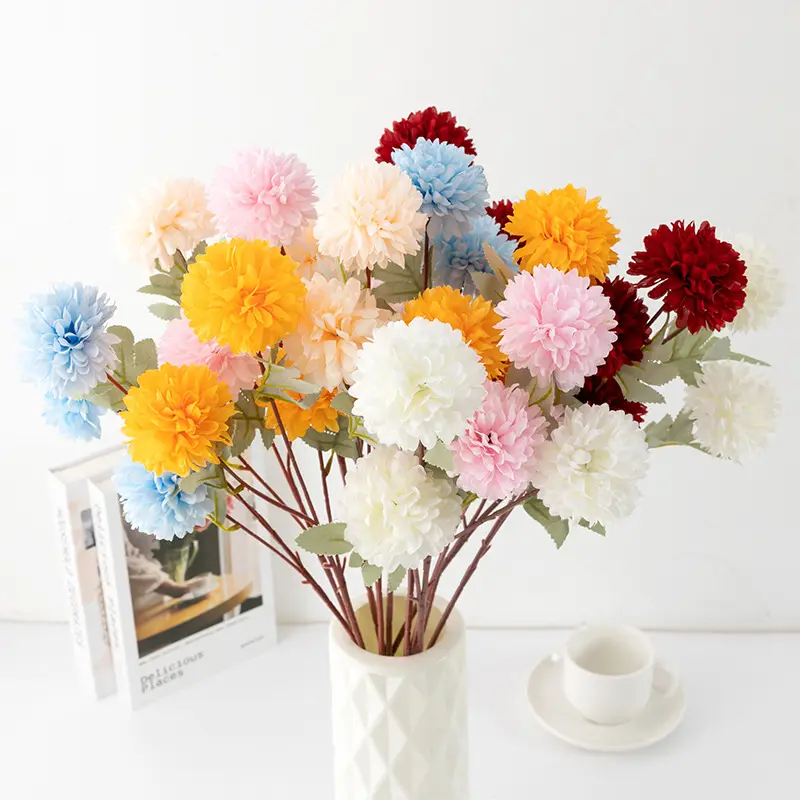 MU Artificial Flower 3 head- Ball Chrysanthemum Premium silk Cloth Wedding Decoration & Supplies Bouquet