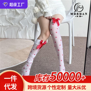 Christmas Heart Pattern Over The Knee Stockings With <b>Red</b> <b>Bow</b> Ultra Thin Transparent Women's Mid Calf Socks - Product Image 5