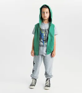 Private Labels Boys Clothing Summer Sleeveless Boys Hoodie Custom Green Zip-up Hoodie for Children