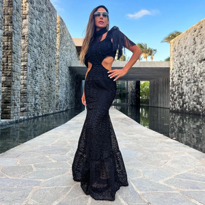 <span class=keywords><strong>Abito</strong></span> Lungo Estivo da Donna <span class=keywords><strong>in</strong></span> <span class=keywords><strong>Maglia</strong></span> con Collo Alto, Maniche con Nappe, Vita Scoperta e Dettagli Traforati, Stile Sexy <span class=keywords><strong>Bianco</strong></span> <span class=keywords><strong>in</strong></span> Pizzo - Product Image 4