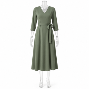 Robe de cocktail mi-longue à col en V, manches trois quarts, ceinture à nœud, robe trapèze pour fête, mariage, banquet - Product Image 4
