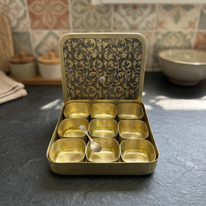 Premium Square Pure Brass Spice Box with 9 Modular Containers Etched Mughal Art Lid Luxury Indian Masala Dani Kitchen Organizer - Product Image 1