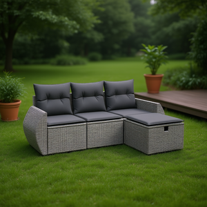 Conjunto de Sofá Modular de Jardín de Ratán Gris, 4 Plazas, con Almacenamiento, Muebles de Exterior, Diseño Contemporáneo - Product Image 2