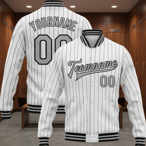 Custom Pinstripe Varsity <b>Jacket</b> <b>Men's</b> <b>Baseball</b> Style White Black Striped Button Front Name Number Team Logo Autumn Casual Wear - Product Image 5