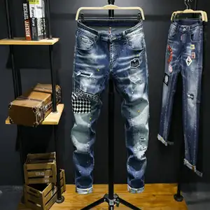 Wholesale OEM LOGO Fashion men's hand-painted splash paint holes embroidered badges slim-fit elastic checkered flag jeans