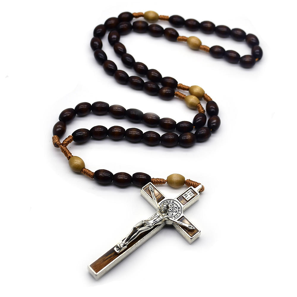 Wholesale Bulk Catholic Religious 8*10 mm Dark Brown Oval Shaped Wooden  Bead Rope Woven Prayer Bead Necklace Rosary