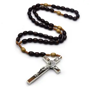 Оптовая продажа, католические религиозные 8*10 мм, темно-коричневые овальные деревянные шарики, плетеные молитвенные шарики, ожерелье, четки