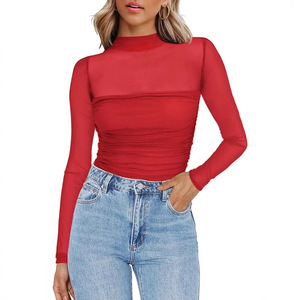 European American Cross-border 2025 for New Solid Color Neck Mesh Splicing <strong>See</strong>-<strong>through</strong> Long-sleeved Sexy Cute <strong>Top</strong> - Product Image 4