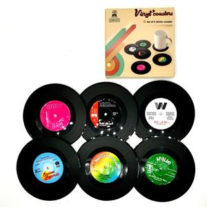 Sous-verres Ensemble de 6 sous-verres de disque vinyle rétro colorés pour boissons avec étiquettes drôles Sous-verres de table - Product Image 6
