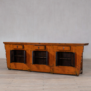 Buffet vintage en bois massif laqué orange vieilli, écologique, fait main, style chinois antique, 3 portes, 3 tiroirs, armoire basse - Product Image 4