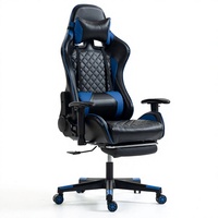 Chaise de jeu noire et bleue en cuir PU, chaise de bureau pour ordinateur, accoudoirs réglables, roulettes pivotantes, capitonnage diamanté