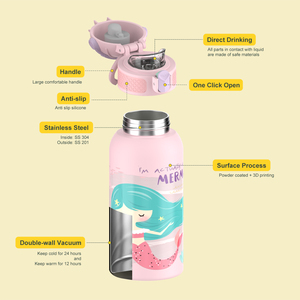 550ml 3d Printing Baseball Cap Lid Mermaid Printing Double-wall Stainless Steel <b>Bottle</b> Vacuum <b>Flask</b> For Kids Travel Drinkware - Product Image 4