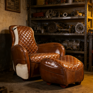 Maßgefertigter Echtleder-Relaxsessel Moderner Sattelstuhl für Wohnzimmer und Schlafzimmer Freizeitstuhl mit Fußhocker Holzbeine - Product Image 3