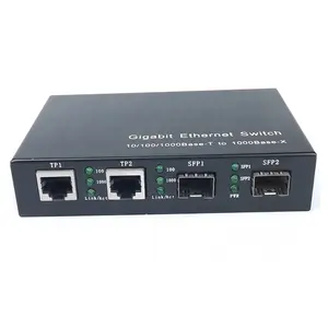 Konverter Media Adaptif 10/100/1000M, 2 Port SFP 2 Port Ethernet Sakelar Serat Optik, Pemasok Tiongkok