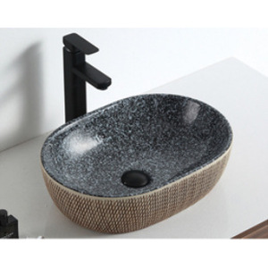 Lavabo Ovalado de Cerámica Ouni con Textura de Piedra en Dos Tonos para Baño de Hotel - Product Image 4