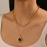 Collier soleil double couche empilé en acier inoxydable plaqué or 18 carats, style bohème, avec pierre œil de tigre naturelle, design de bijoux européens rétro