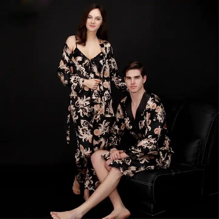 Men's Robe Nightgown Satin Kimono Bathrobe Gown Casual Sleepwear