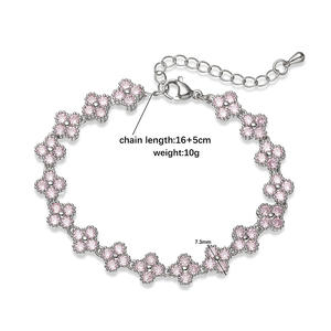 צמיד נחושת אלגנטי מצופה זהב לנשים זירקון שרשרת פרח תלתן ארבעה עלים סט תכשיטים - Product Image 4