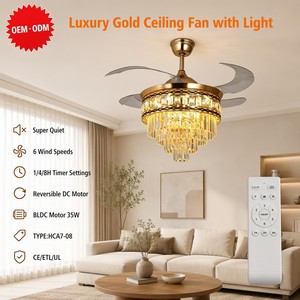 Gold Crystal Invisible Ceiling Fan with 3-Color Dimmable Light - Super Quiet 6-Speed Reversible Fan for Living Room and Bedroom - Product Image 1