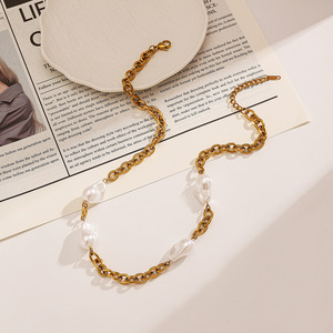 Collier en acier inoxydable avec perle baroque plaqué or 18 carats, chaîne réglable, cadeau de loisirs, mode - Product Image 1