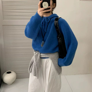 เสื้อสเวตเตอร์มีฮู้ดสำหรับผู้หญิง สีขาวนวล ทรงหลวม สีพื้น ผ้าถัก สำหรับฤดูใบไม้ร่วงและฤดูหนาว เสื้อสเวตเตอร์หนานุ่ม อุ่นสบาย ไซส์เดียว - Product Image 2