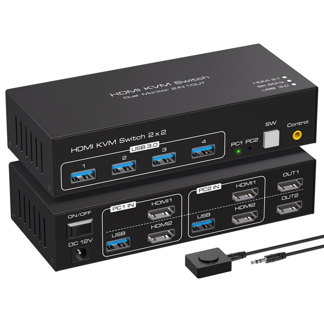 HDMI KVM Switch 2x2, 2 Computers 2 Monitors, Dual Monitor KVM Switcher with USB 3.0 Hub, Extend Mode,External Switch Button