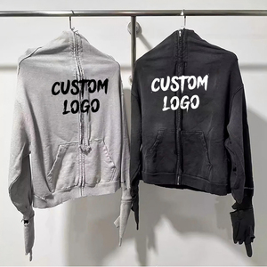 Wholesale High Quality European American Custom Logo High Street Fashion <b>Full</b> <b>Zip</b> <b>Hoodie</b> with Glove Loose Men's Cotton <b>Hoodie</b> - Product Image 1