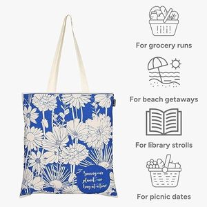 Bolsa de Mano de Lona Azul con Estampado Floral, Bolsa de Compras Reutilizable con Estampado de Flores Blancas, Bolsa de Hombro - Product Image 5