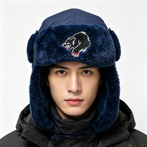 Men's Navy Blue Trapper <b>Hat</b> with Bear Embroidery, Faux Fur Lined Winter Aviator <b>Hat</b>, Windproof Ski <b>Hat</b> for Cold Weather - Product Image 1