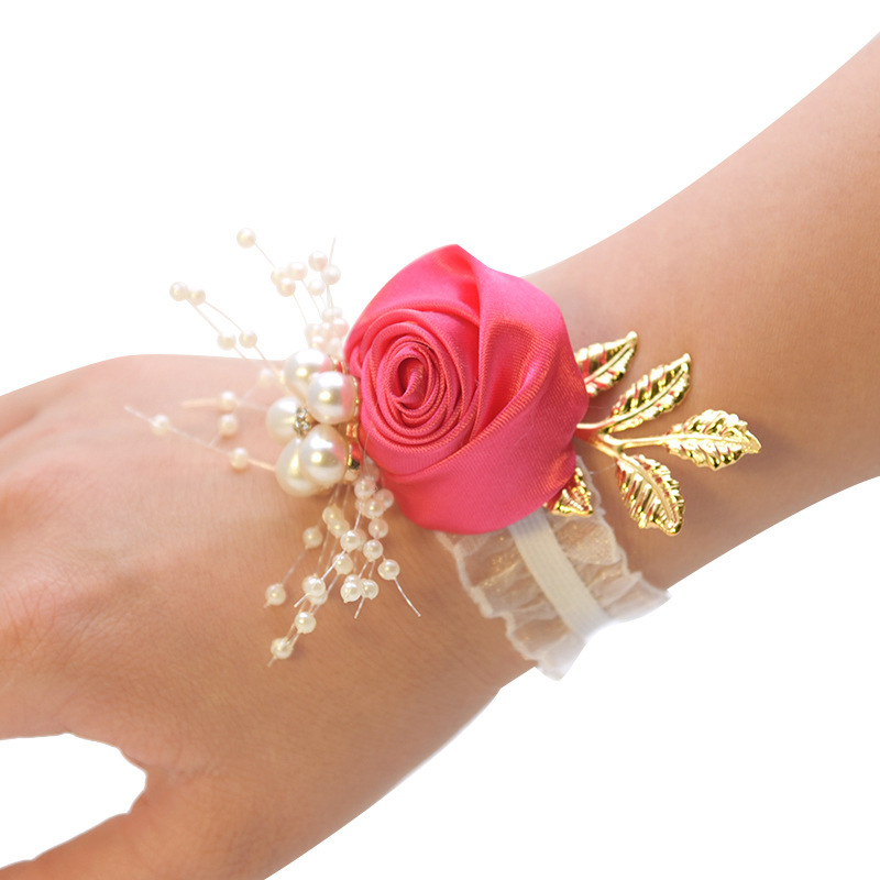 Bridal Silk Wrist Corsage With Faux Pearls & Gold Leaf - Wedding Prom Flower Bracelet