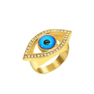 Hot Selling Stainless Steel Gold Plated Rhinestone Blue Angel Eye Ring