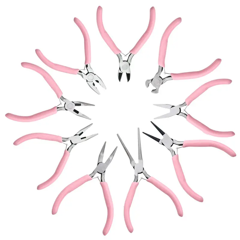 Alat manik-manik buatan tangan tang potong penjepit pegangan merah muda DIY hidung bulat untuk membuat perhiasan