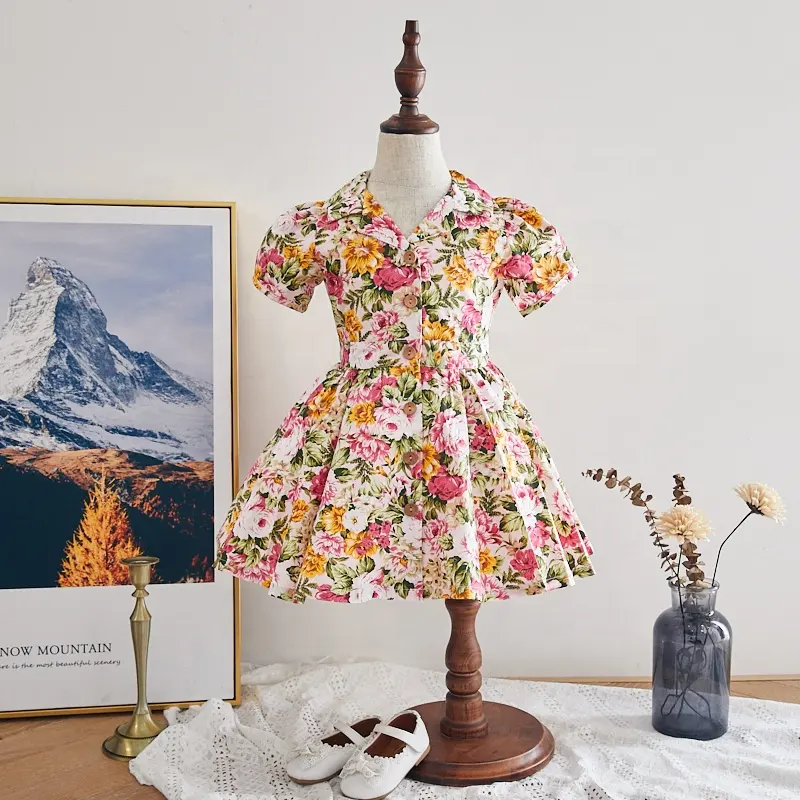 Ready made 100%cotton summer vintage flower children dresses summer dress kids