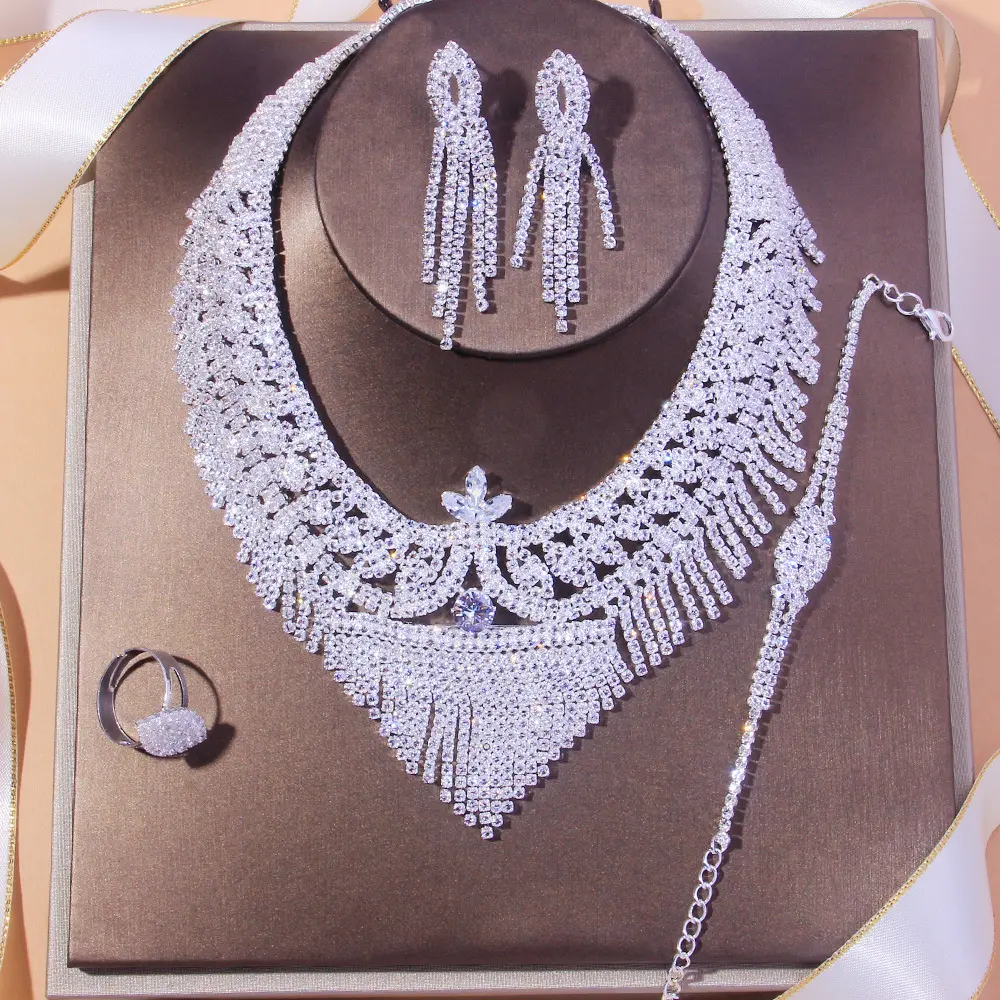 4pcs Dazzling Rhinestones Bride Wedding Necklace Earring Set Zircon Tassel Bridal Jewelry Sets For Women