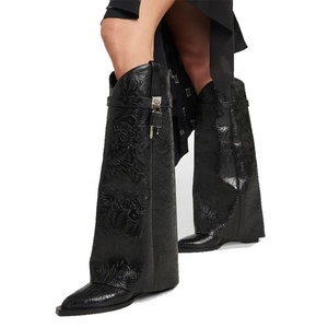 Women High Heel Wedge Wide Calf <strong>Boots</strong> Pointy Toe Shark Lock Printed <strong>Trouser</strong> <strong>Boots</strong> for Men - Product Image 3