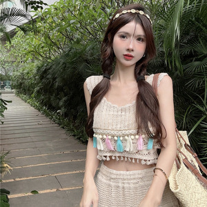 Ensemble de deux pièces pour femmes Yuhong, <span class=keywords><strong>pull</strong></span> court en tricot bohème uni, écologique, respirant, sans manches - Product Image 5