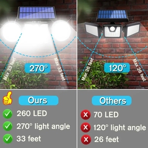 Lampe solaire à 260 LED, 3 têtes, étanche IP65, haute luminosité, détecteur de mouvement, lampe murale solaire, projecteur réglable - Product Image 6